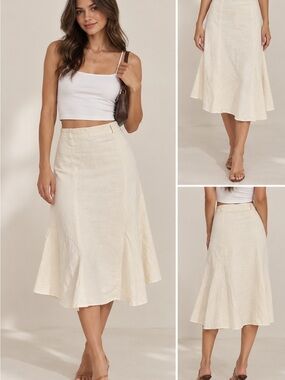 Women's Cream Midi A-Line Linen Skirt